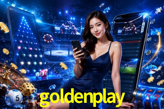 Una escena digital vívida inspirada en casino con goldenplay mostrado prominentemente, luces brillantes, fichas, cartas y acentos dorados.