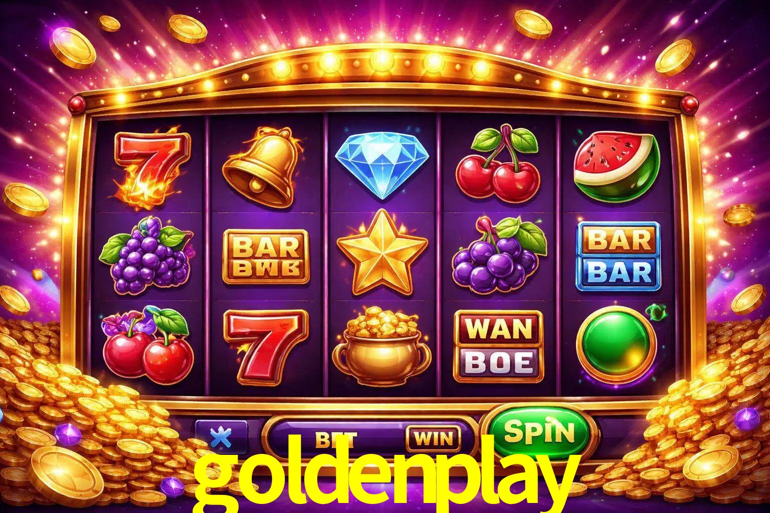 Una interfaz colorida de tragamonedas en línea con símbolos brillantes, monedas y un efecto de victoria celebratoria en goldenplay.