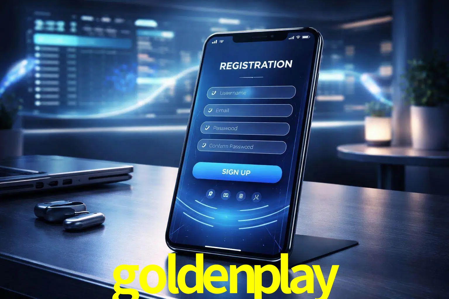 Una interfaz moderna de registro móvil para goldenplay mostrada en un smartphone con un panel de apuestas elegante.